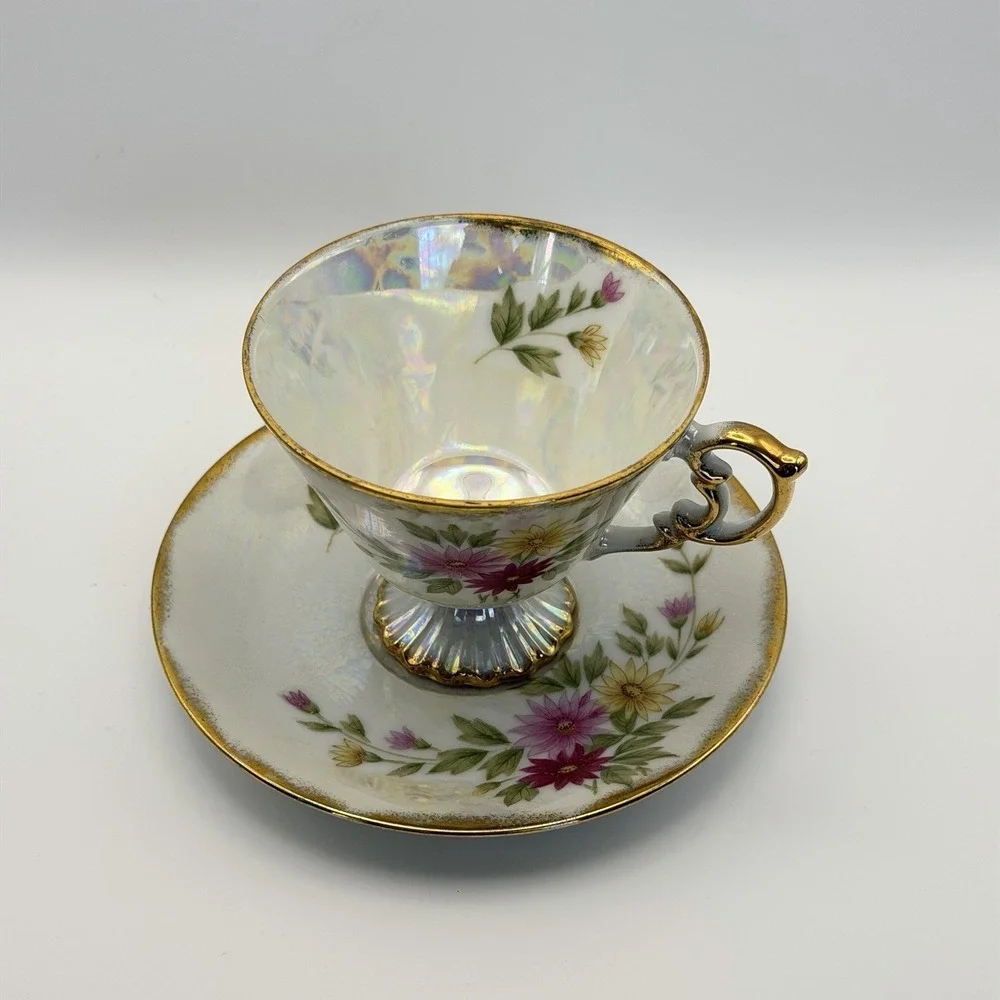 Vtg Norleans Japan Lusterware Teacup Saucer Floral‎ September Aster Tea Party